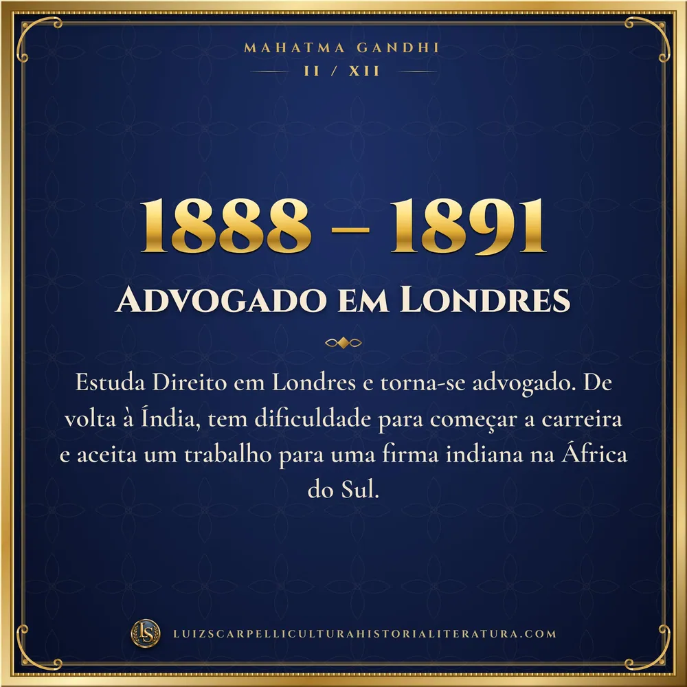 1888 – 1891: Advogado em Londres. Mahatma Gandhi, Luiz Scarpelli